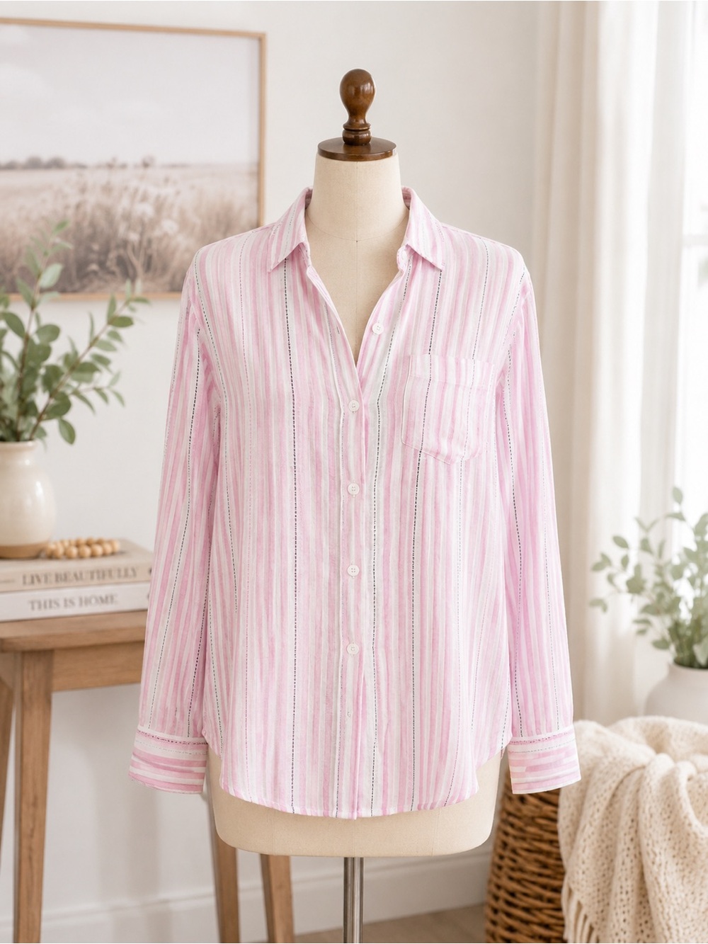 Rails Charli Shirt Size M Kokomo Stripe Pink White Linen Blend EUC